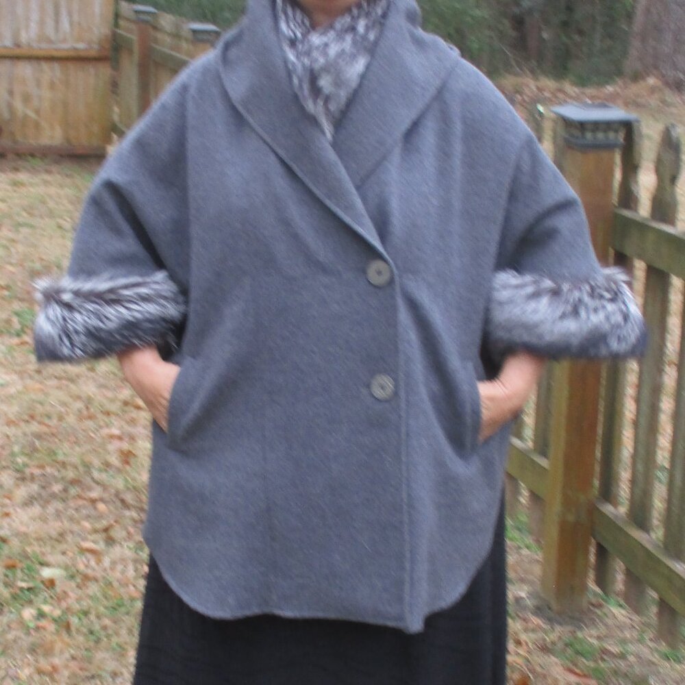David Green Alpaca Anchorage Gray Cape with Fox Trim on neck & Sleeves